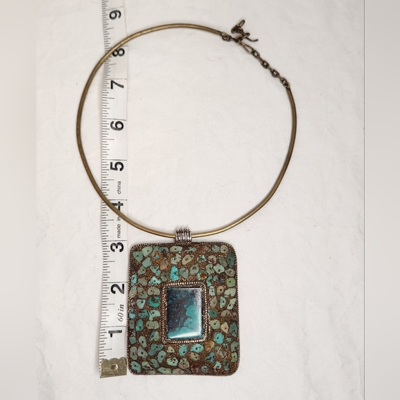 Silver & Gold Mosaic Turquoise Necklace - Picture 10 of 15